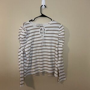 LOFT Women's White and Tan Striped Long Sleeve Top